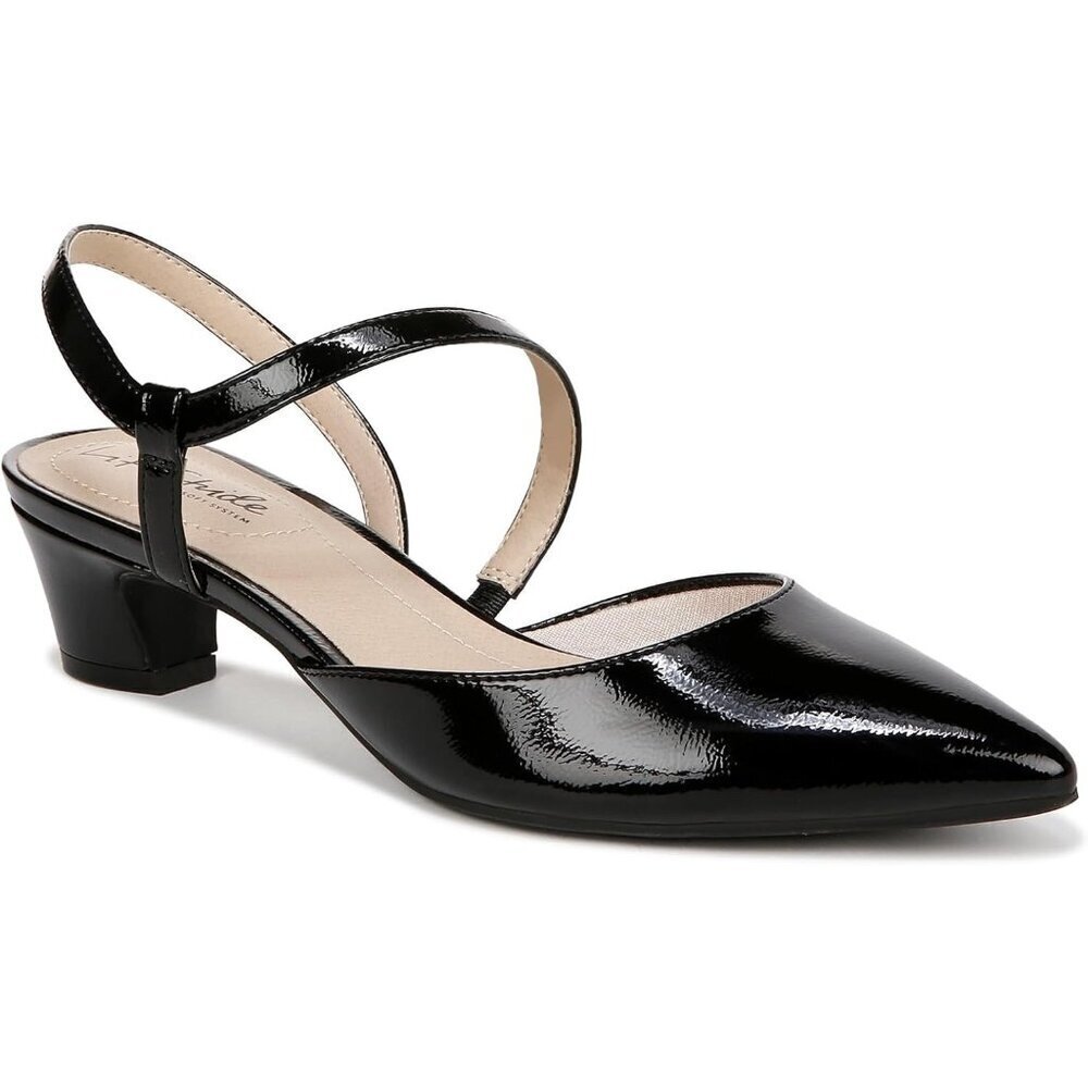 LifeStride Womens Black Patent Polyurethane Pointed Closed Toe Minimalist Pump